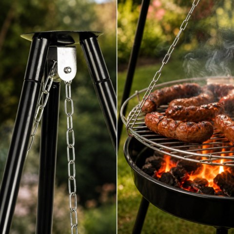 Grill ogrodowy węglowy zawieszany, regulowana wysokość 32-66/150 cm, ruszt stal chromowana, misa stal emaliowana, czarny, 50 cm