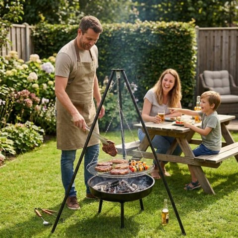 Grill ogrodowy węglowy zawieszany, regulowana wysokość 32-66/150 cm, ruszt stal chromowana, misa stal emaliowana, czarny, 50 cm