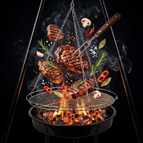 Grill ogrodowy węglowy zawieszany, regulowana wysokość 32-66/150 cm, ruszt stal chromowana, misa stal emaliowana, czarny, 50 cm