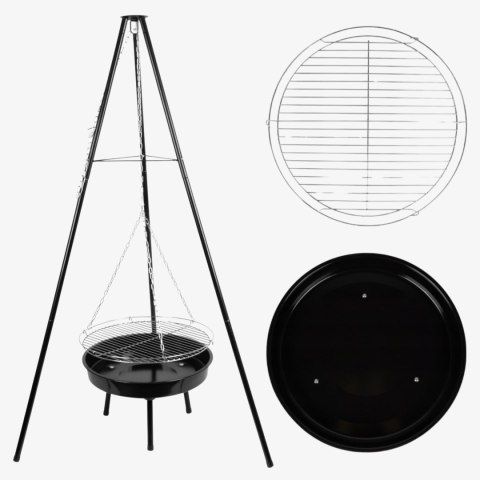 Grill ogrodowy węglowy zawieszany, regulowana wysokość 32-66/150 cm, ruszt stal chromowana, misa stal emaliowana, czarny, 50 cm