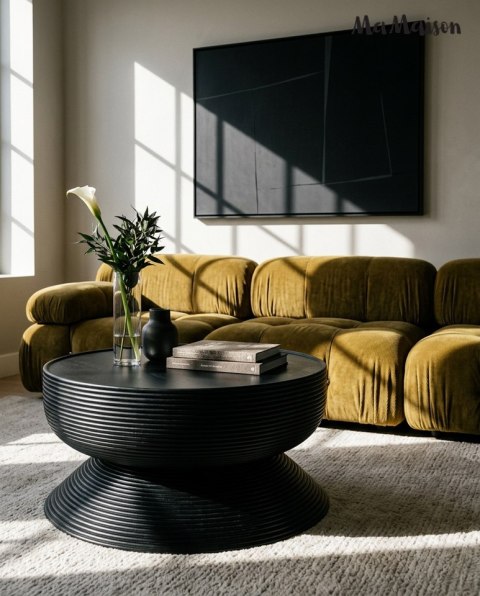 STOLIK KAWOWY MONOLITH, CZARNY, OKRĄGŁY, DO SALONU, LOFT, LAWA, STÓŁ, 75CM