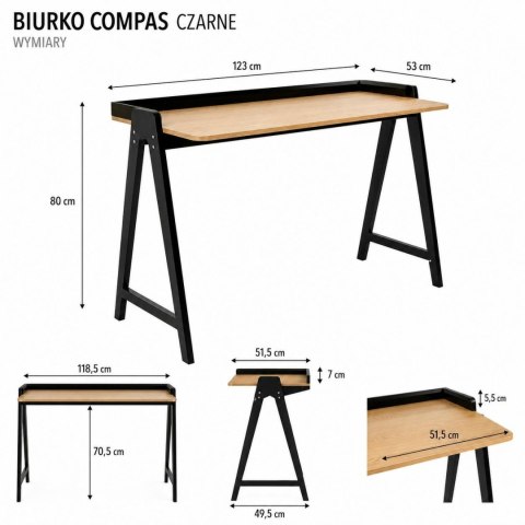 NOWOCZESNE CZARNE BIURKO, LOFT, DĄB, DREWNO BUKOWE, DO POKOJU, 123 CM
