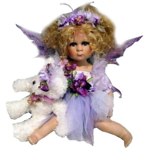 LALKA ELF SIEDZĄCA LAVANDA, Z MISIEM, WRZOSOWA, CERAMICZNA, 40 CM, PREZENT