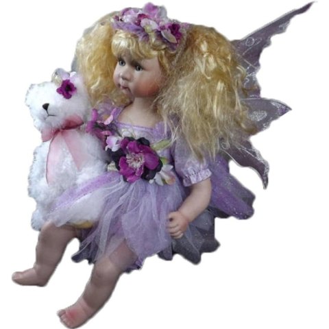 LALKA ELF SIEDZĄCA LAVANDA, Z MISIEM, WRZOSOWA, CERAMICZNA, 40 CM, PREZENT