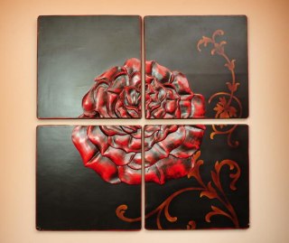 OBRAZ NA ŚCIANĘ ROSAE, 4 CZĘŚCI, CZERWONA RÓŻA, 80X80, DO SALONU, CZARNY