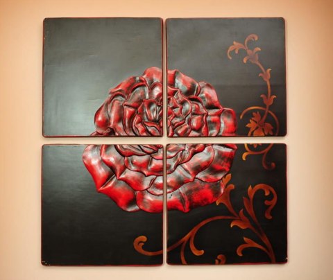 OBRAZ NA ŚCIANĘ ROSAE, 4 CZĘŚCI, CZERWONA RÓŻA, 80X80, DO SALONU, CZARNY
