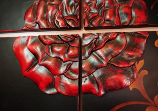OBRAZ NA ŚCIANĘ ROSAE, 4 CZĘŚCI, CZERWONA RÓŻA, 80X80, DO SALONU, CZARNY