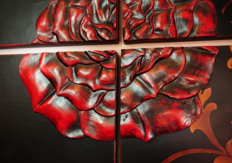 OBRAZ NA ŚCIANĘ ROSAE, 4 CZĘŚCI, CZERWONA RÓŻA, 80X80, DO SALONU, CZARNY