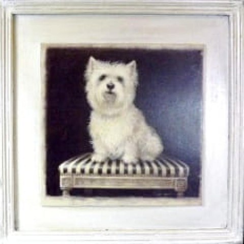 Postarzany Obraz z Białym Terierem na Stołku 41x41 cm - Część Tryptyku