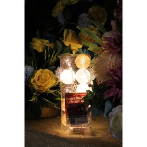 Bawełniane kule świetlne LED, 10 sztuk, multikolor, zasilane bateriami, fi 5 cm, brązowo-beżowo-białe.