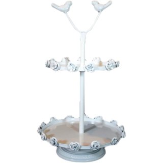 PATERA DWUPIĘTROWA FIORITA, BIAŁA, METALOWA, NA CIASTO, RÓŻE, PTAKI, 46CM