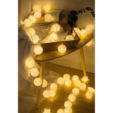 Srebrne Kule Świetlne z Bawełny z 10 LED, 5cm, Zasilane Bateriami 2xAA, Długość Przewodu 165cm
