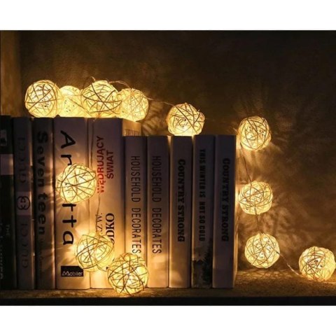 Świetlne Kule Ratanowe 10 LED o Średnicy 6 cm, Zasilane na Baterie, Ciepłe Białe światło, z Transparentnym Przewodem 165 cm