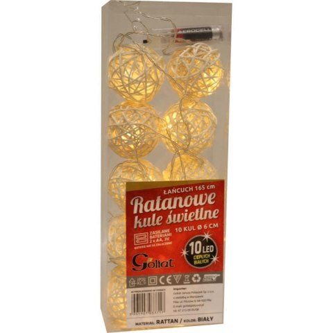 Świetlne Kule Ratanowe 10 LED o Średnicy 6 cm, Zasilane na Baterie, Ciepłe Białe światło, z Transparentnym Przewodem 165 cm