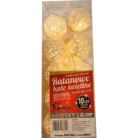 Świetlne Kule Ratanowe 10 LED o Średnicy 6 cm, Zasilane na Baterie, Ciepłe Białe światło, z Transparentnym Przewodem 165 cm