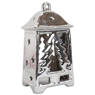Srebrny Ceramiczny Lampion w Formie Latarni na Tealight
