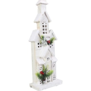 Świąteczna Dekoracja LED - Ośnieżony Drewniany Kościółek 55 cm, Biały, Zasilanie Bateryjne