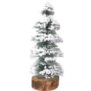 Choinka LED Ośnieżona na Drewnianej Podstawie, Zielona, 30cm, Zasilana Bateriami