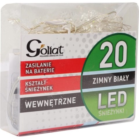 Lampki Choinkowe LED w Kształcie Śnieżynki na Druciku, Zasilane Bateriami, Kolor Zimny Biały