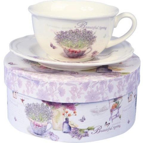 Komplet ceramiczny filiżanka z talerzykiem z wiklinowym w wazonie w prezentowym kartoniku