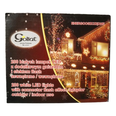Lampki Choinkowe Zewnętrzne 200 LED z Efektem Flash i Dodatkowym Gniazdem, Białe, Zasilanie Sieciowe, Przepalenie Jednej Diod ni
