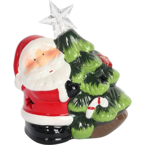 Ozdoba świąteczna ceramiczny MIKOŁAJ z choinką LED 12.5 cm