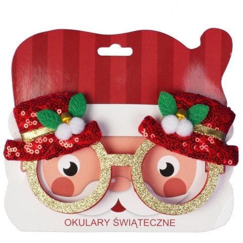 OKULARY ŚWIĄTECZNE BROKATOWE Z KAPELUSZKAMI W KOLORZE CZERWONYM