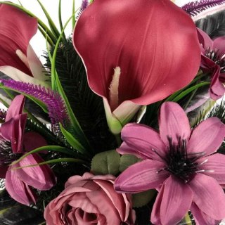 STROIK NAGROBNY BELLISSIMA, KOMPOZYCJA NA GRÓB, ZŁOTY GAZON, CALLA, RÓŻE