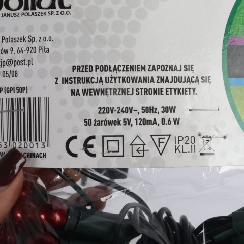 Czerwone Lampki-Perły Choinkowe 50L na Zielonym Kablu, 220-240V, Długość 2,7m