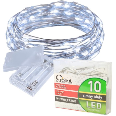Energooszczędne Lampki Choinkowe-Łezki na Białym Druciku z 10 LED, Zimny Biały Kolor, Zasilane na Baterie AA