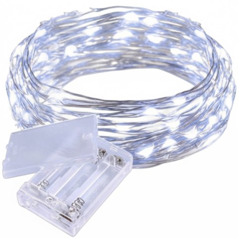 Energooszczędne Lampki Choinkowe-Łezki na Białym Druciku z 10 LED, Zimny Biały Kolor, Zasilane na Baterie AA