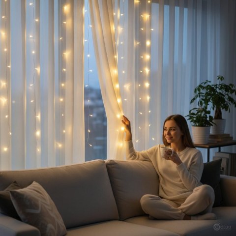 KURTYNA ŚWIETLNA NA OKNO 300 LED 3×3 LAMPKI ŚWIĄTECZNE CHOINKOWE GIRLANDA CIEPŁY BIAŁY