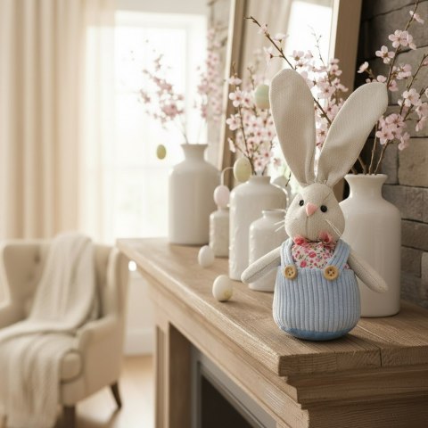 Zając STOJĄCY lniany Ozdoba Wielkanocna Figurka niebieska 19 cm