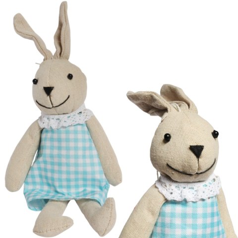 Zając zawieszka lniana Ozdoba Wielkanocna Figurka w niebieskiej sukience 26 cm
