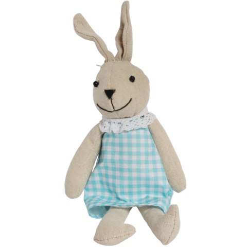 Zając zawieszka lniana Ozdoba Wielkanocna Figurka w niebieskiej sukience 26 cm