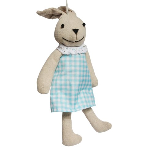 Zając zawieszka lniana Ozdoba Wielkanocna Figurka w niebieskiej sukience 26 cm