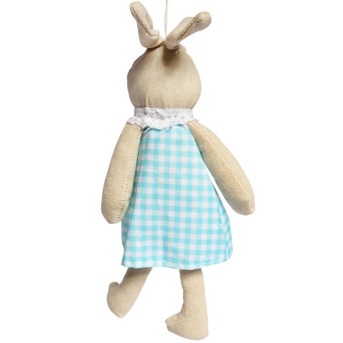 Zając zawieszka lniana Ozdoba Wielkanocna Figurka w niebieskiej sukience 26 cm