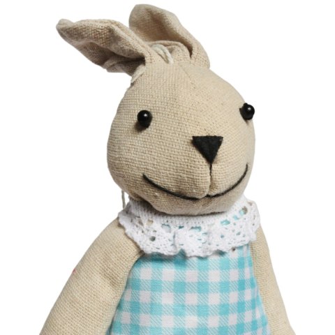 Zając zawieszka lniana Ozdoba Wielkanocna Figurka w niebieskiej sukience 26 cm