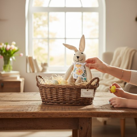 Zając zawieszka lniana Ozdoba Wielkanocna Figurka w sukience w kwiatki 26 cm