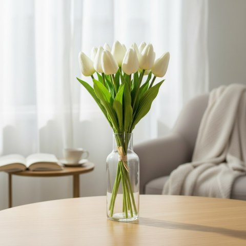 Bukiet 12 TULIPANÓW W PĘCZKU Z RAFIĄ 32 cm biały