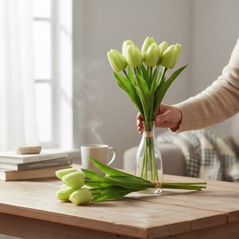 Bukiet 12 TULIPANÓW W PĘCZKU Z RAFIĄ 32 cm jasno różowe