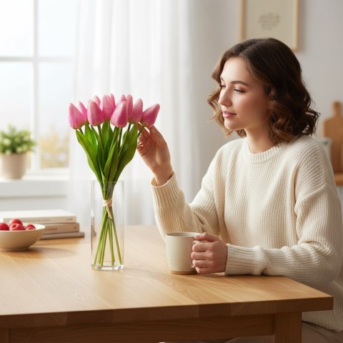 Bukiet 12 TULIPANÓW W PĘCZKU Z RAFIĄ 32 cm różowe