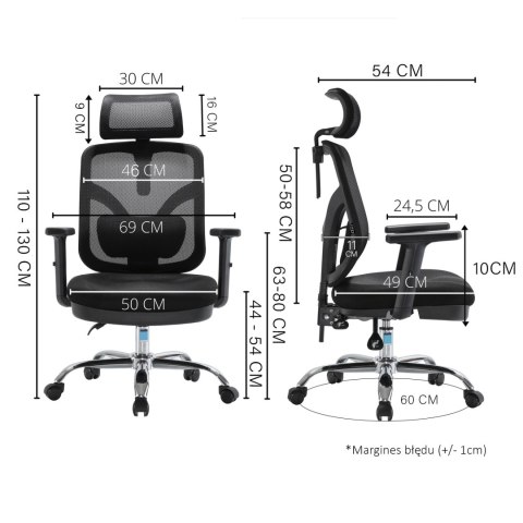 FOTEL BIUROWY ERGONOMICZNY APEXWORK, CZARNY, WYGODNY, DO BIURA, Z SIATKĄ