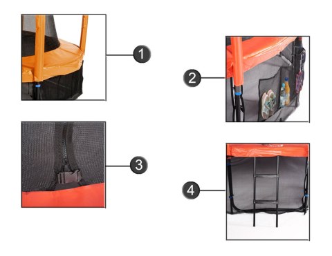 TRAMPOLINA OGRODOWA JUMPI SALTO 12FT 374 CM, CZARNA, SIATKA, DRABINKA, TUV