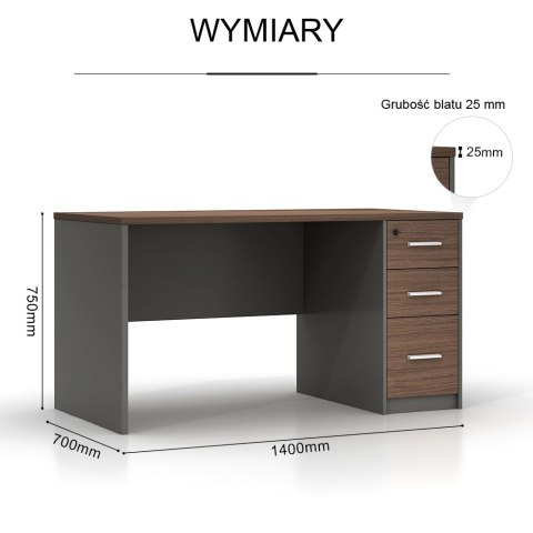 BIURKO LOFTOWE VANGUARD, 140X70 CM, CIEMNY DĄB, SZARE, 3 SZUFLADY, BIURO