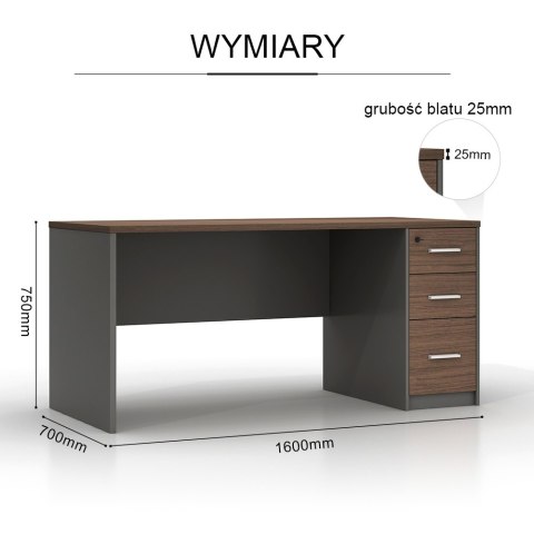 BIURKO BIUROWE LOFT VANE, 160X70 CM, CIEMNY DĄB, SZARE, SZAFKA, 3 SZUFLADY