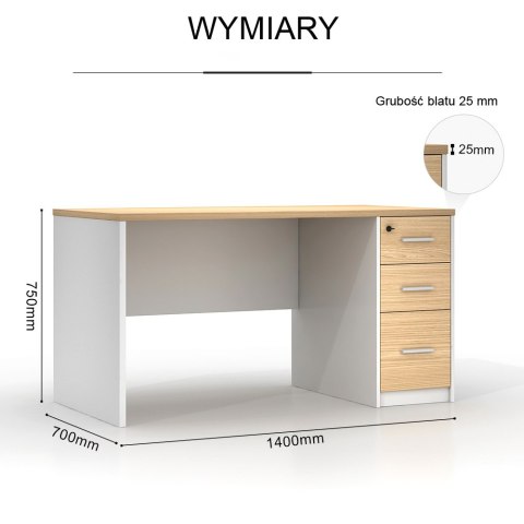 BIURKO LOFT VANGUARD 140X70 CM, 3 SZUFLADY, BIAŁE, SEKWOJA, KOMPUTEROWE