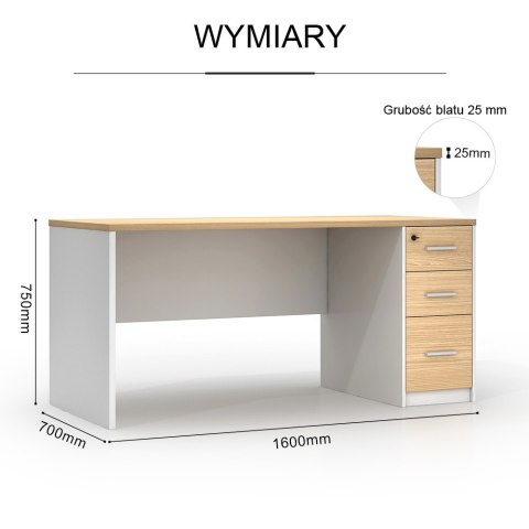 BIURKO 160X70 LUMIO, 3 SZUFLADY, LOFT, SEKWOJA, BIAŁE, BIUROWE, NOWOCZESNE