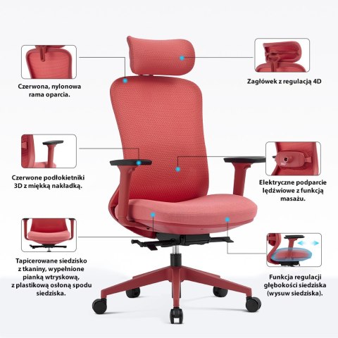 FOTEL BIUROWY NEXUS RED, Z MASAŻEM, ROZKŁADANY, WYGODNY, DO SALONU, STYL