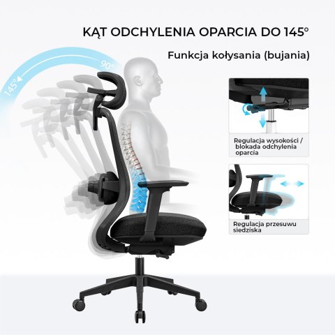 FOTEL BIUROWY ERGONOMIA, WYGODNY, CZARNY, Z MASAŻEM, ROZKŁADANY, DO SALONU